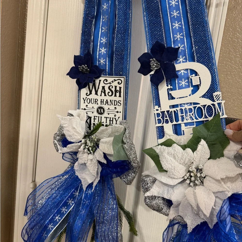 Blue and Silver Bathroom Door Decor with Poinsettias Scapular Holiday